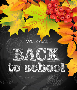 欢迎回到学校背景与秋天的落叶和罗文浆果。矢量模板