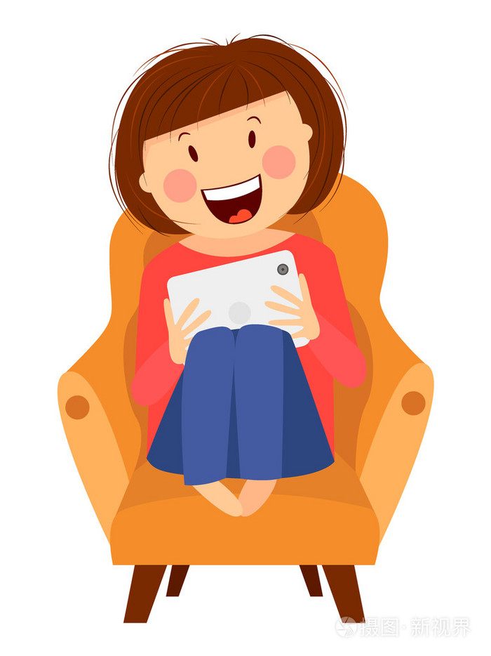 女孩坐在椅子上的平板电脑,矢量