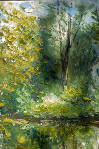 架子鼓美术插画油画碎片和调色板刀特写印象派插画-夏日绿春树和树叶