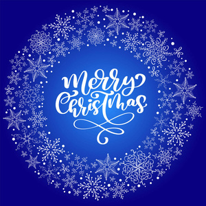 圣诞快乐的书法矢量文字与雪花。在蓝色背景上的字体设计。创意排版为节日问候礼品海报。字体样式横幅