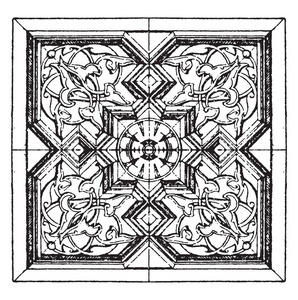 阿拉伯方块板被发现在第十六世纪木门, 复古线画或雕刻插图