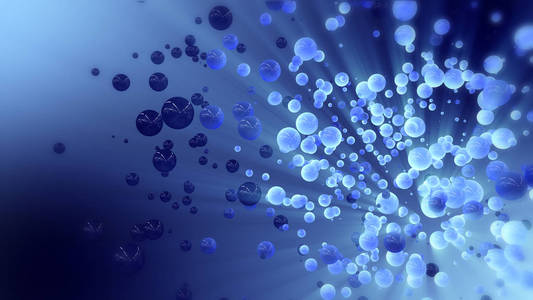 蓝色抽象3d 渲染混沌球体和球。在空的空间飞行微粒。动态形状。具有散景的未来背景, 场效应的深度