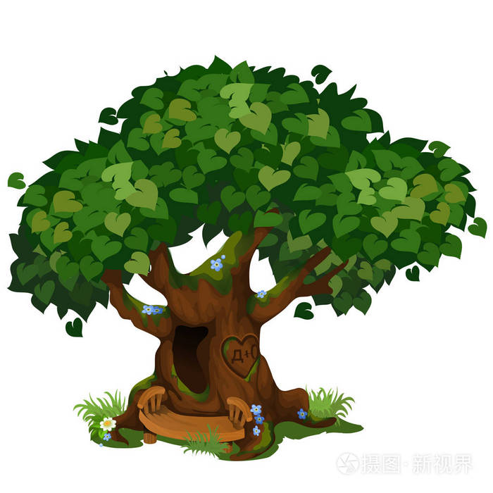 舒适的森林小屋在老树被隔绝在白色背景.公园里那棵神奇的树.