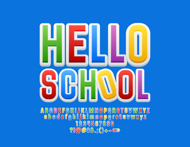 向量明亮的字母表为孩子。彩色字体与文字您好学校
