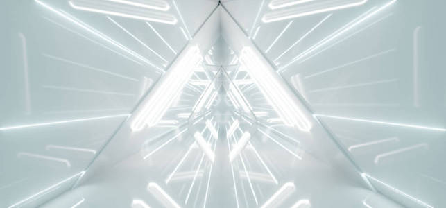 异形宣传栏现代异形船科幻未来高度反射明亮的三角形隧道空走廊与白色