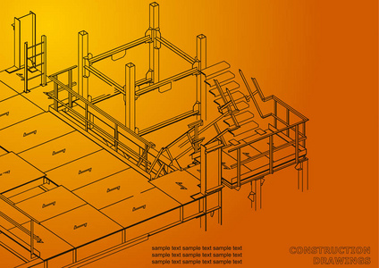 建筑。金属结构。体积结构。3d 设计。抽象背景。覆盖。橙