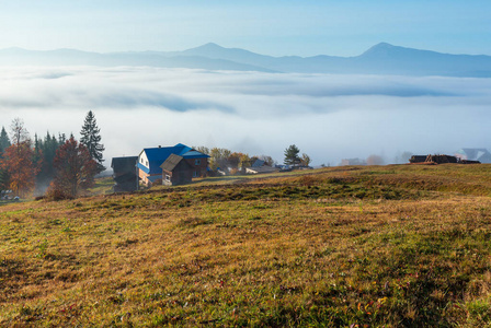 在喀尔巴阡山山坡上的晨雾 Yablunytsia 村, 伊Frankivsk 州, 乌克兰。秋季田园风光