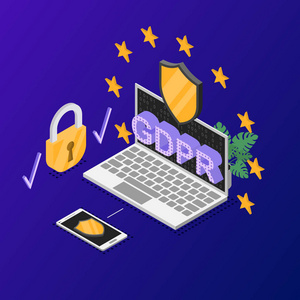 Gdpr 概念3d 在蓝色的等距视图。向量