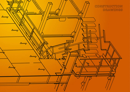 建筑。金属结构。体积结构。3d 设计。抽象背景。橙