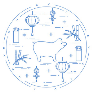 新年快乐2019卡。农历新年的象征。猪, 灯笼, 中国红包的钱, 竹子, 硬币的运气。不同国家的节日传统
