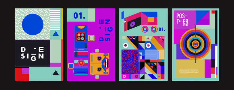 抽象彩色拼贴画海报设计模板。酷的几何和流体覆盖设计。矢量横幅海报模板