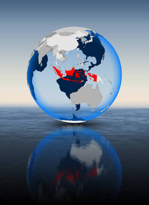 印度尼西亚以红色在地球漂浮在水中。3d 插图