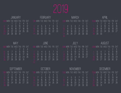 2019年普通当代矢量月历。 开始