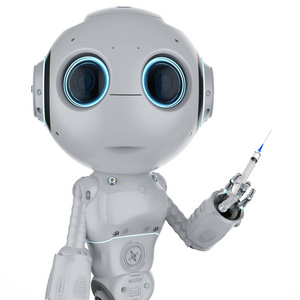 3d 渲染机器人护士在白色背景下持有注射器照片