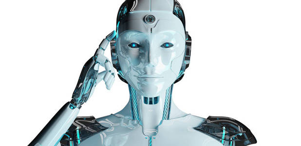 白人妇女的机器人思考和触摸她的头被隔离在白色背景3d 渲染