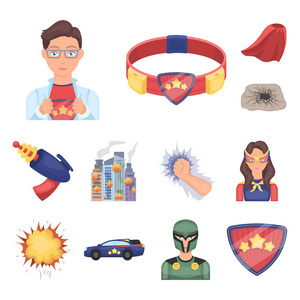 一个梦幻般的超级英雄卡通图标在集合为设计。超级英雄的设备矢量符号股票 web 插图