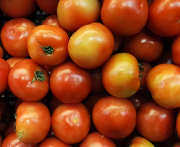 一群红色和橙色的西红柿堆积在超级市场的架子上。明亮, 美味和多汁。lycopersicum 果蔬菜