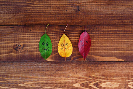 绿色, 黄色和红色落叶与愉快和哀伤的 emoji 表情在木背景上