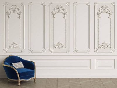 经典的扶手椅在经典的内部与复制空间。墙壁与装饰。地板木地板的人字形。数字插图. 3 d 渲染