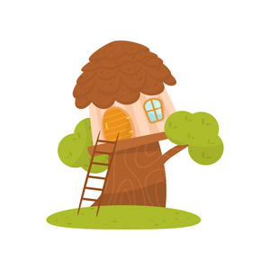 可爱的小树房子, 童话般的梦幻之家侏儒, 侏儒或精灵矢量插图白色背景