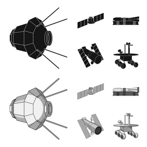 黑色月球空间站在轨道上, 发射火箭的准备, 月球探测器的表面.