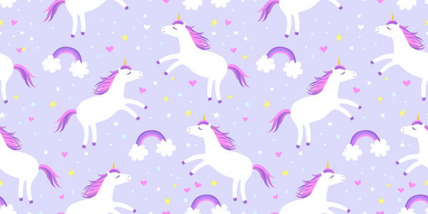 可爱的卡通多彩的无缝图案与白色独角兽彩虹和星星在紫罗兰色背景。适合儿童纺织品, 墙纸, 包装纸等。矢量插图