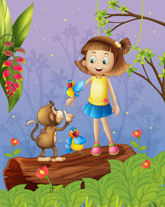 森林里有两只鹦鹉和一只猴子的小女孩