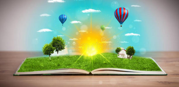 打开一本书，绿色的自然世界从它的页面出来