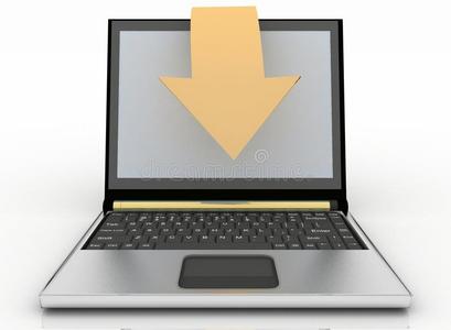 白色背景上有箭头的笔记本电脑。下载的概念。
