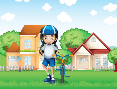 一个微笑的女孩和她的自行车靠近大房子