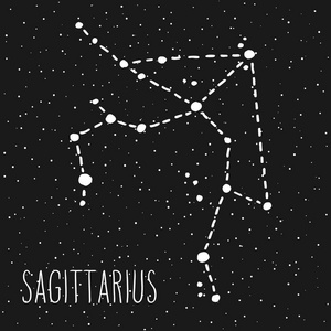 射手座手绘星座星座在白色的黑色星空夜空.矢量图形占星术插图.