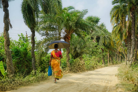印度妇女沿着街道走在棕榈之间