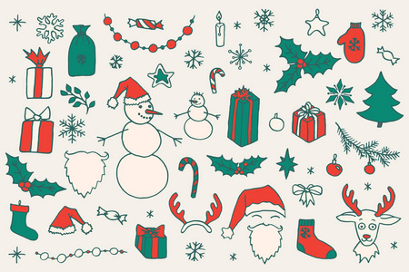 组的向量圣诞手绘涂鸦白色孤立的元素。圣诞老人，树 驯鹿 雪人 雪花 礼品 装饰品 冬青 蜡烛 星星