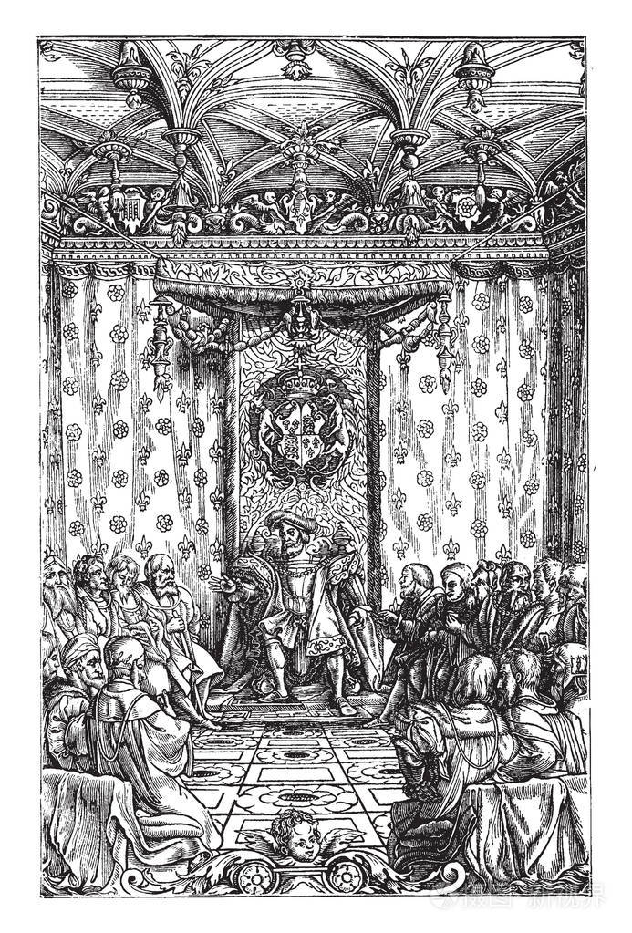 亨利八世理事会是一个版画版画从英国编年史, 复古线画或雕刻插图