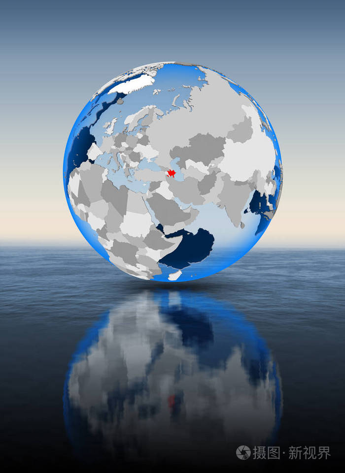 阿塞拜疆在全球漂浮在水中的红色。3d 插图