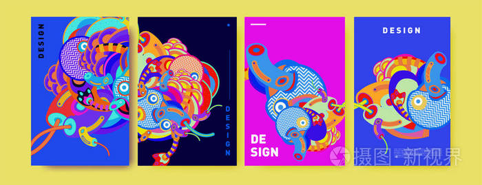 抽象彩色拼贴画海报设计模板。涂鸦插图和流体覆盖设计。蓝色, 黄色, 红色, 橙色, 粉红色和绿色。矢量横幅海报模板