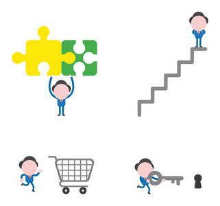 矢量插图集商人吉祥物人物举着两个连接的拼图片, 在楼梯上, 跑到购物车和运行和携带钥匙锁孔
