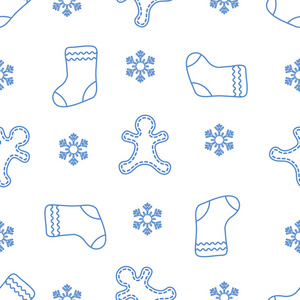 无缝模式与姜饼人, 圣诞袜, 雪花。圣诞节和新年2019背景。包装纸织物及其他印刷品的设计