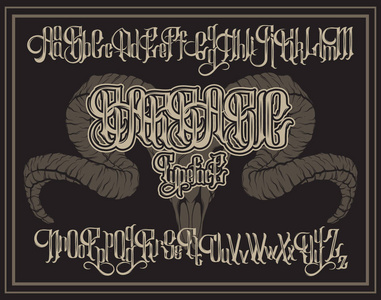 矢量手写哥特式字体为独特的文字与手绘制插图的 ram 头骨.