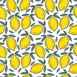 手工绘制的彩色无缝图案手绘柠檬和绿叶的白色背景。斯堪的纳维亚的设计风格。完美的纺织品制造壁纸海报等。矢量插图