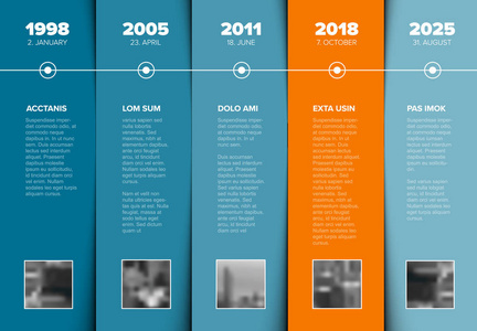 矢量图表公司里程碑时间轴模板与图片占位符在蓝色 nad 橙色条纹