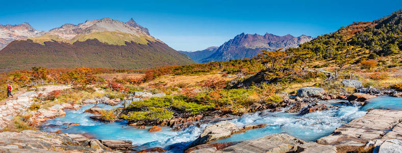 lenga 森林的美丽的风景, 山在火地岛国家公园, 巴塔哥尼亚, 秋天