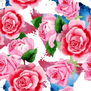 水彩粉红色玫瑰花。花卉植物花。无缝的背景图案。织物墙纸打印纹理。背景质地包装图案框架或边框的水彩画野花