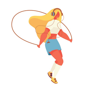 孤立在白色体育年轻妇女跳跃用跳绳.