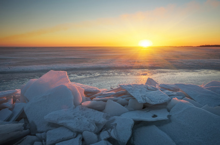 冬季景观与冰冻的湖面和落日的天空