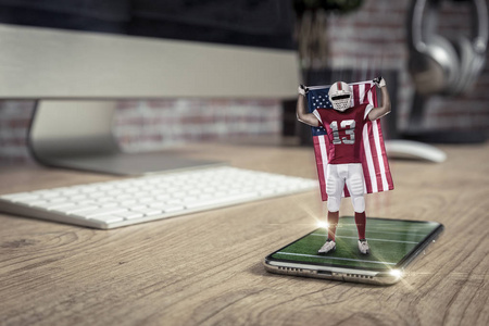 足球运动员穿着红色制服, 从一张木桌上的全屏幕电话里打出来。观看足球比赛的需求概念。复制空间