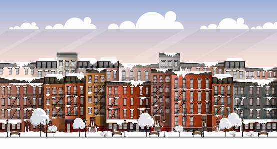 矢量艺术冰冻的城市场景。大雪覆盖布鲁克林街道在暴风雪中