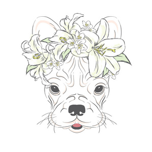 法国斗牛犬在鲜花花圈。矢量图