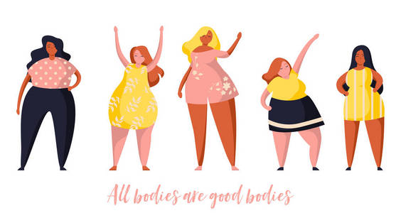 不同高度,相同体型和大小的多种族妇女.女性卡通人物照片