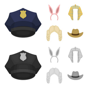 兔子耳朵, 法官假发, 牛仔。帽子集合图标在卡通, 单色风格矢量符号股票插画网站